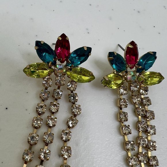 Rhinestone Drop Earrings Pink Blue Gold Tone Floral Chandelier Teardrop Used, s - Picture 2 of 6